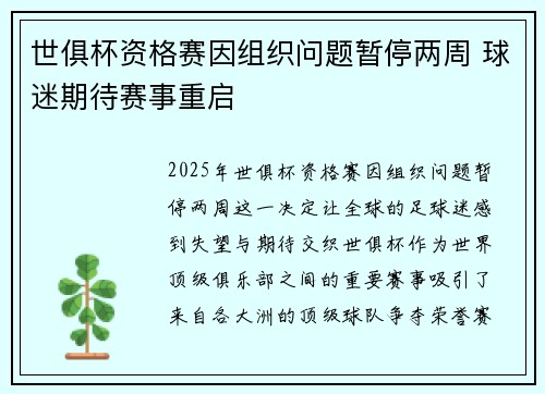 世俱杯资格赛因组织问题暂停两周 球迷期待赛事重启