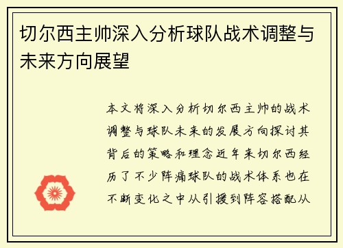 切尔西主帅深入分析球队战术调整与未来方向展望