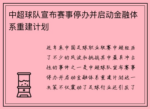 中超球队宣布赛事停办并启动金融体系重建计划