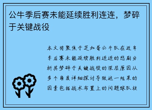 公牛季后赛未能延续胜利连连，梦碎于关键战役
