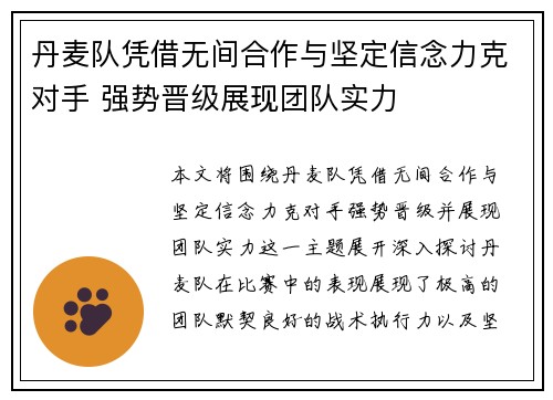 丹麦队凭借无间合作与坚定信念力克对手 强势晋级展现团队实力