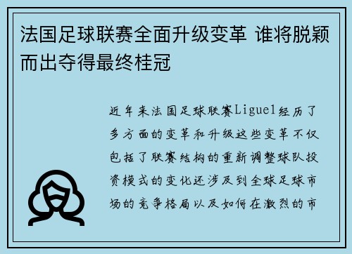 法国足球联赛全面升级变革 谁将脱颖而出夺得最终桂冠