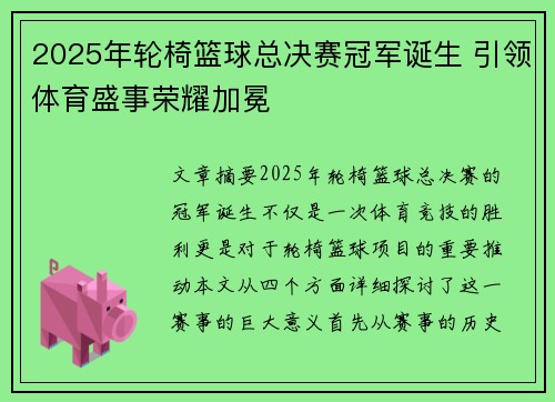 2025年轮椅篮球总决赛冠军诞生 引领体育盛事荣耀加冕