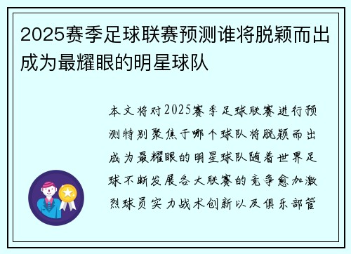 2025赛季足球联赛预测谁将脱颖而出成为最耀眼的明星球队