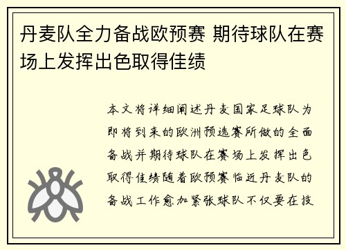 丹麦队全力备战欧预赛 期待球队在赛场上发挥出色取得佳绩