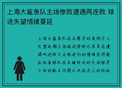 上海大鲨鱼队主场惨败遭遇两连败 球迷失望情绪蔓延